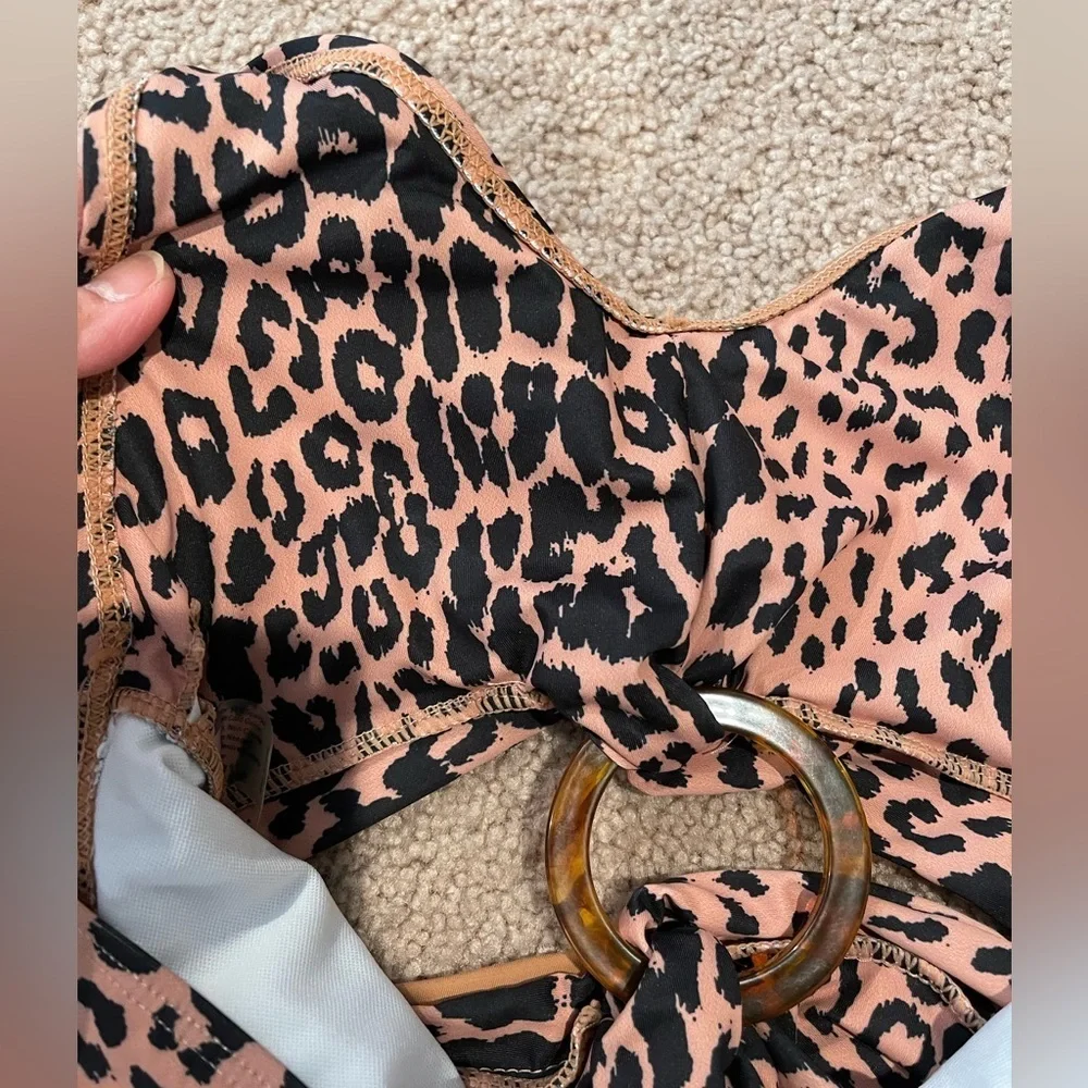 Women's Leopard Print hi-cut ring decor one piece swimsuit